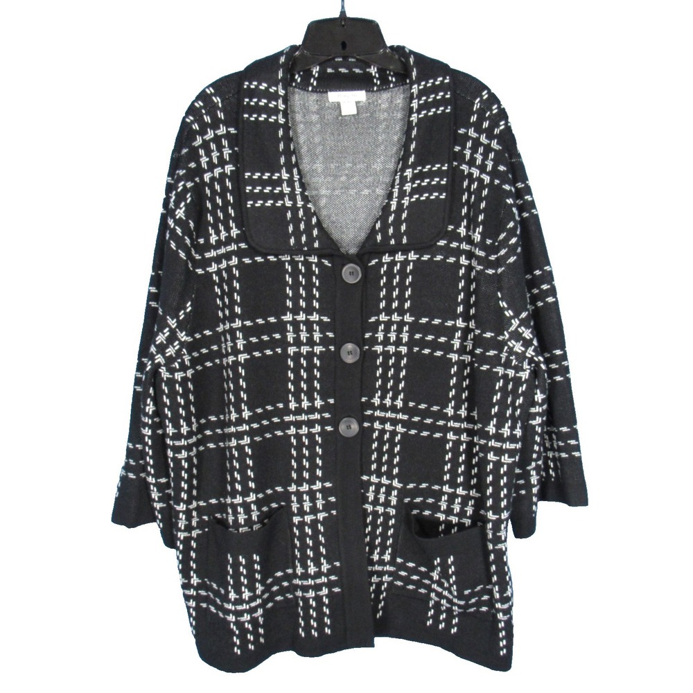 HAMPSHIRE STUDIO Black PLAID 3/4 Sleeve BUTTON-UP Pockets CARDIGAN SWEATER Sz 3X